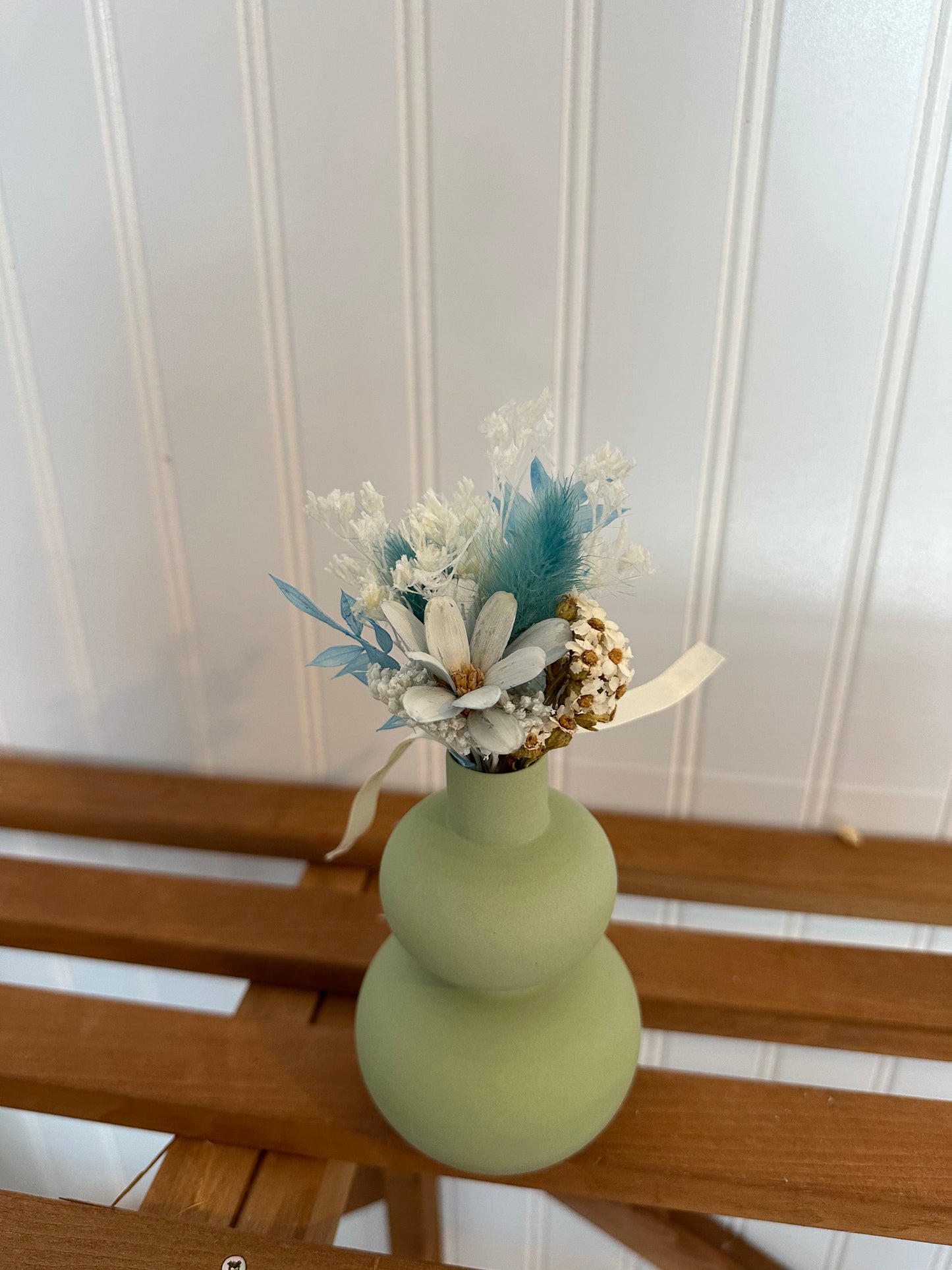 Aqua mini bouquet + sage green vase